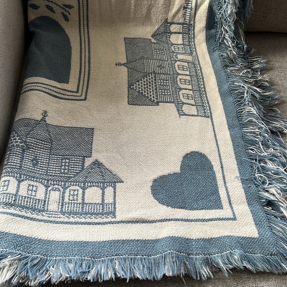 Vintage Blue & White Heart Cotton Blanket Reversible Goodwin Weavers Knit - Picture 13 of 13